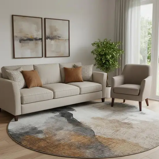 8' Rust And Ivory Abstract Washable Round Rug With UV Protection Photo 2