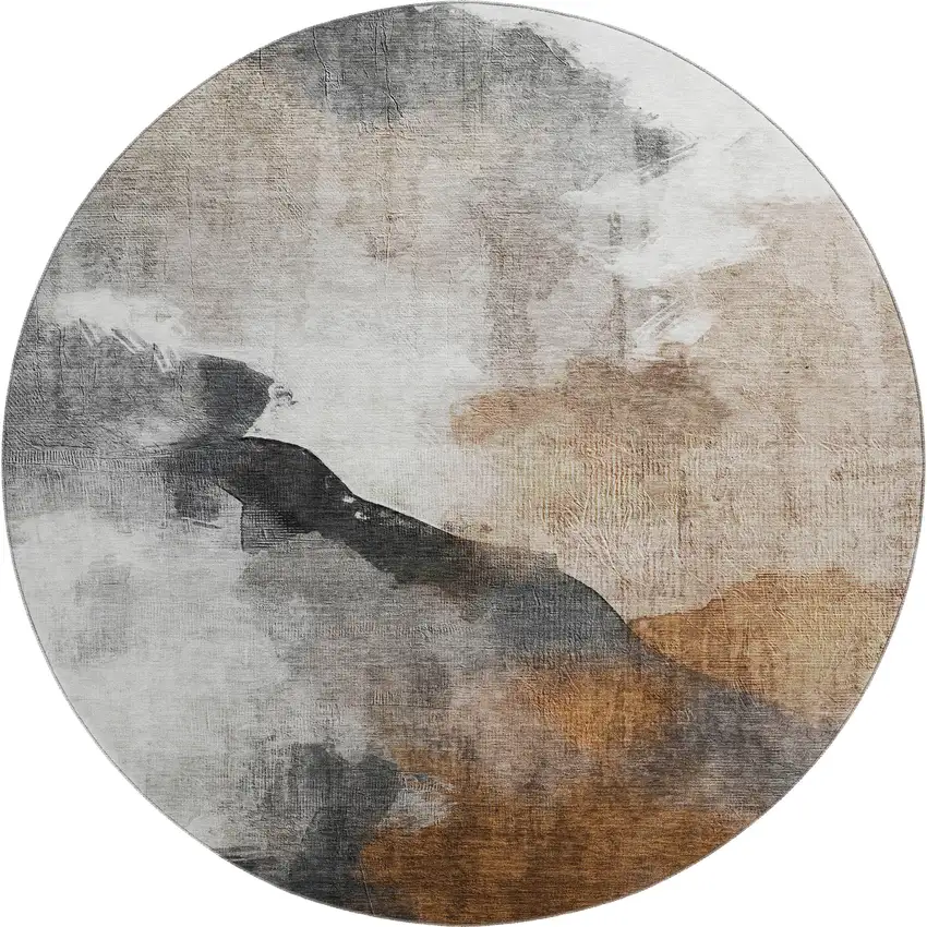 8' Rust And Ivory Abstract Washable Round Rug With UV Protection Photo 1