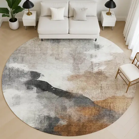 8' Rust And Ivory Abstract Washable Round Rug With UV Protection Photo 4