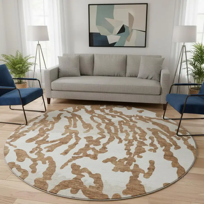 8' Rust And Ivory Animal Print Washable Round Rug With UV Protection Photo 2