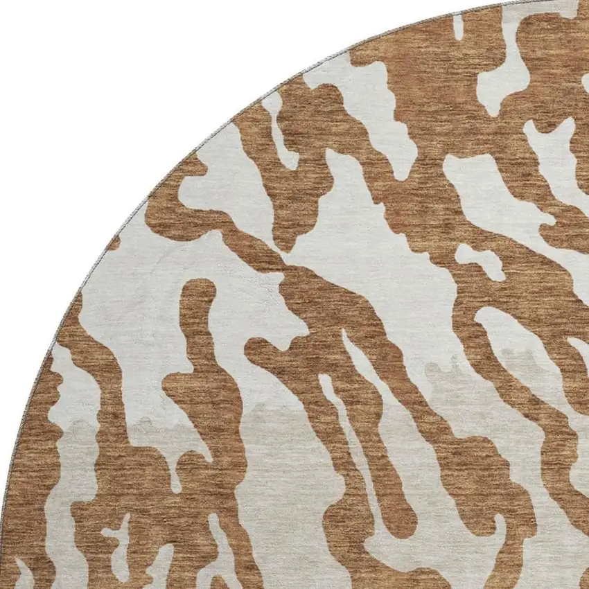 8' Rust And Ivory Animal Print Washable Round Rug With UV Protection Photo 4