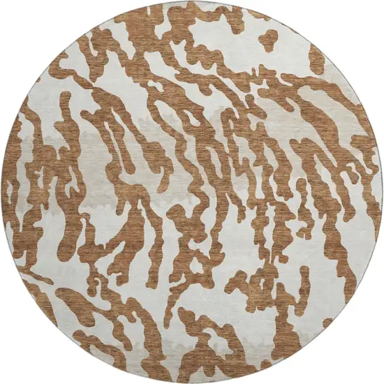 8' Rust And Ivory Animal Print Washable Round Rug With UV Protection Photo 1