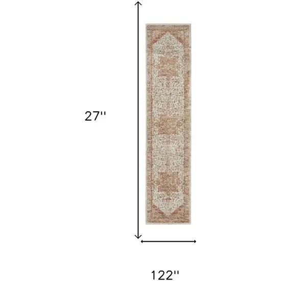 10' Rust And Ivory Floral Distressed Runner Rug Photo 3