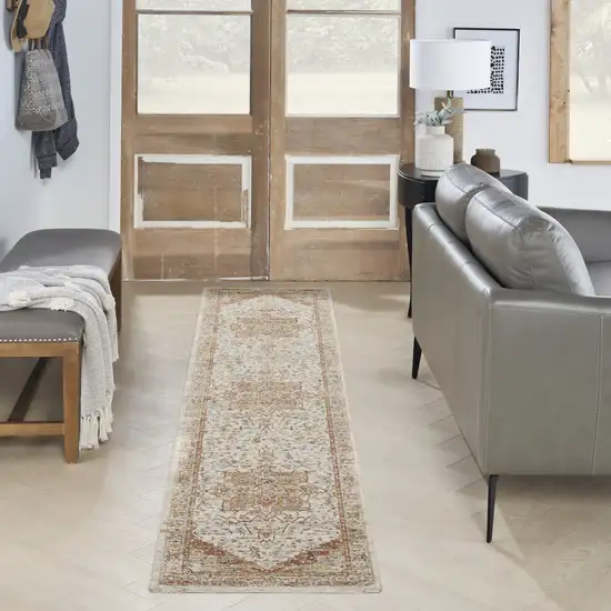 10' Rust And Ivory Floral Distressed Runner Rug Photo 4