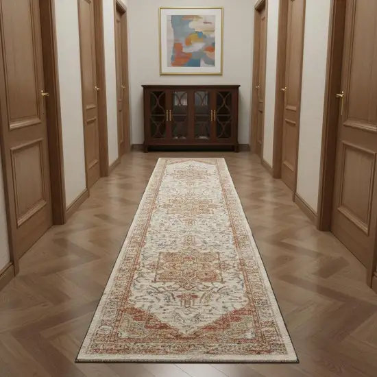 10' Rust And Ivory Floral Distressed Runner Rug Photo 1