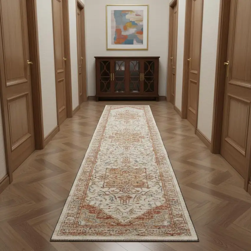 10' Rust And Ivory Floral Distressed Runner Rug Photo 1