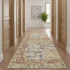 Photo of 10' Rust And Ivory Floral Distressed Runner Rug