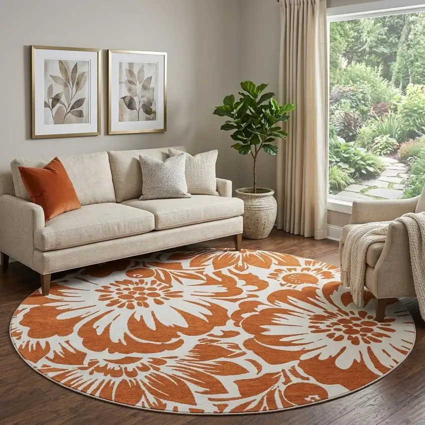 8' Rust And Ivory Floral Washable Round Rug With UV Protection Photo 1