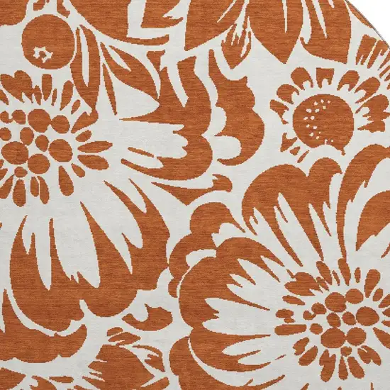 8' Rust And Ivory Floral Washable Round Rug With UV Protection Photo 3
