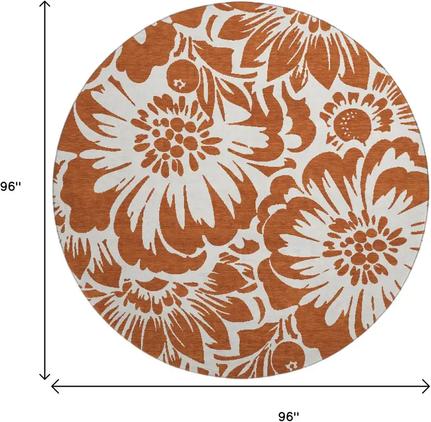 8' Rust And Ivory Floral Washable Round Rug With UV Protection Photo 3
