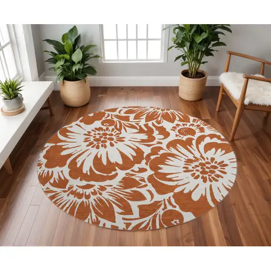 8' Rust And Ivory Floral Washable Round Rug With UV Protection Photo 2