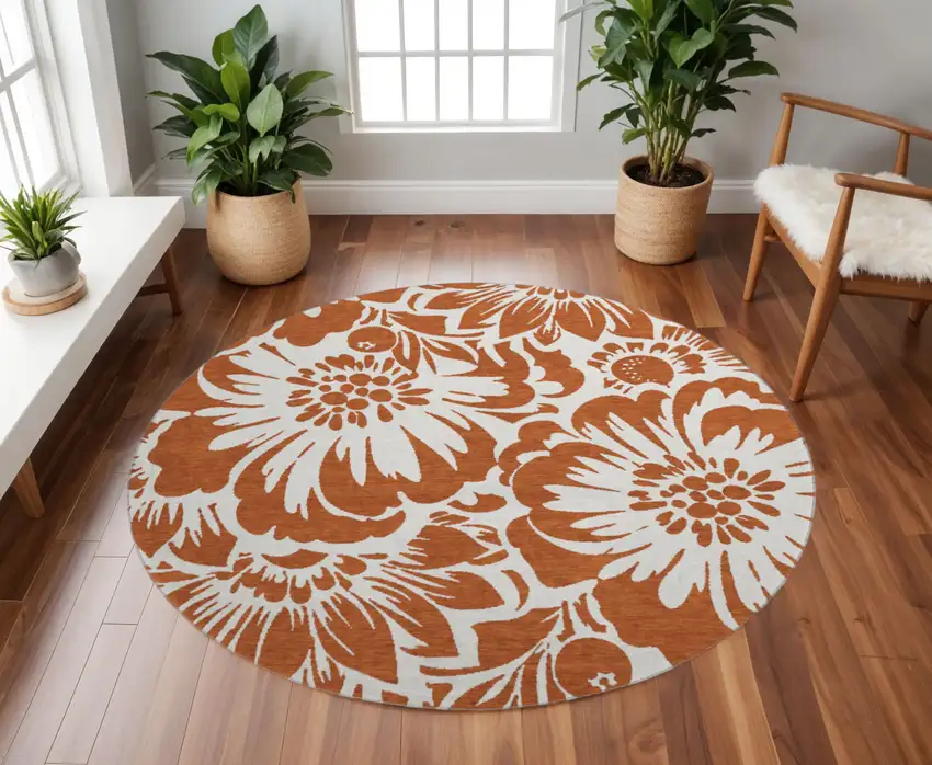 8' Rust And Ivory Floral Washable Round Rug With UV Protection Photo 2