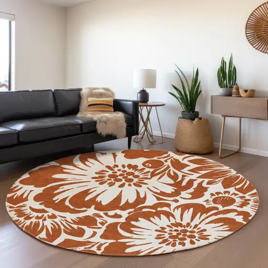 8' Rust And Ivory Floral Washable Round Rug With UV Protection Photo 5
