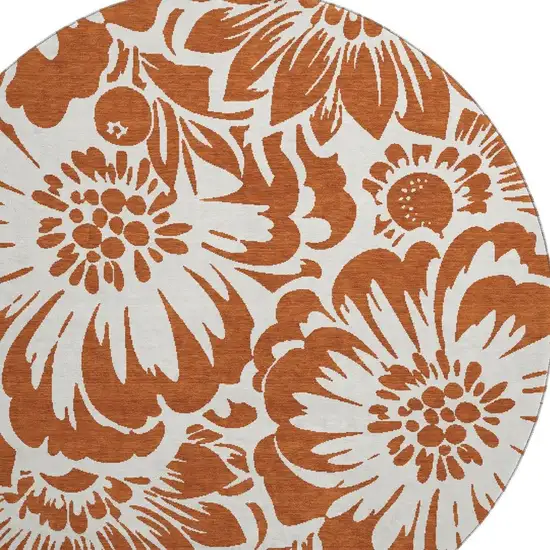 8' Rust And Ivory Floral Washable Round Rug With UV Protection Photo 4