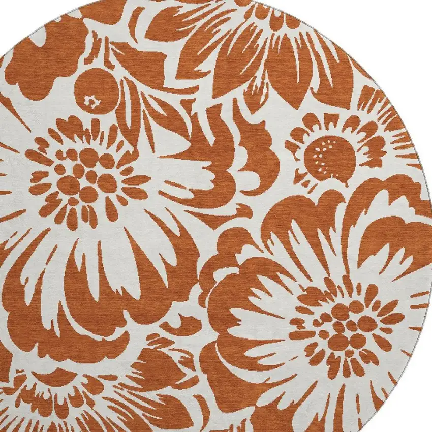 8' Rust And Ivory Floral Washable Round Rug With UV Protection Photo 4