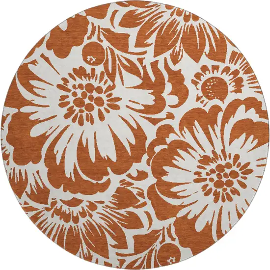 8' Rust And Ivory Floral Washable Round Rug With UV Protection Photo 1