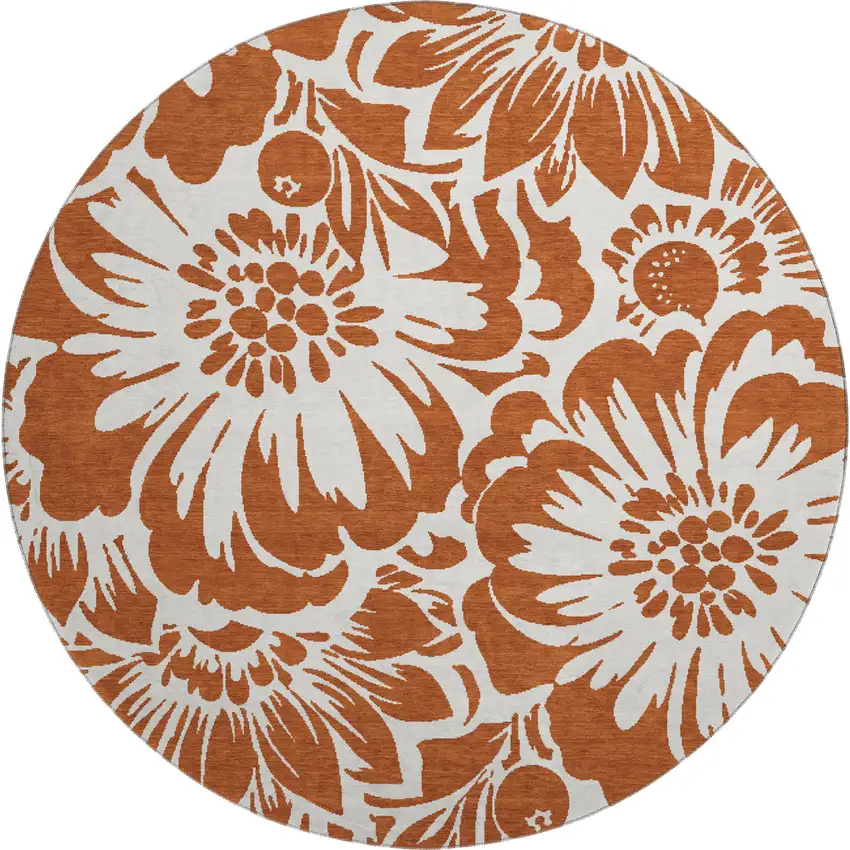 8' Rust And Ivory Floral Washable Round Rug With UV Protection Photo 1