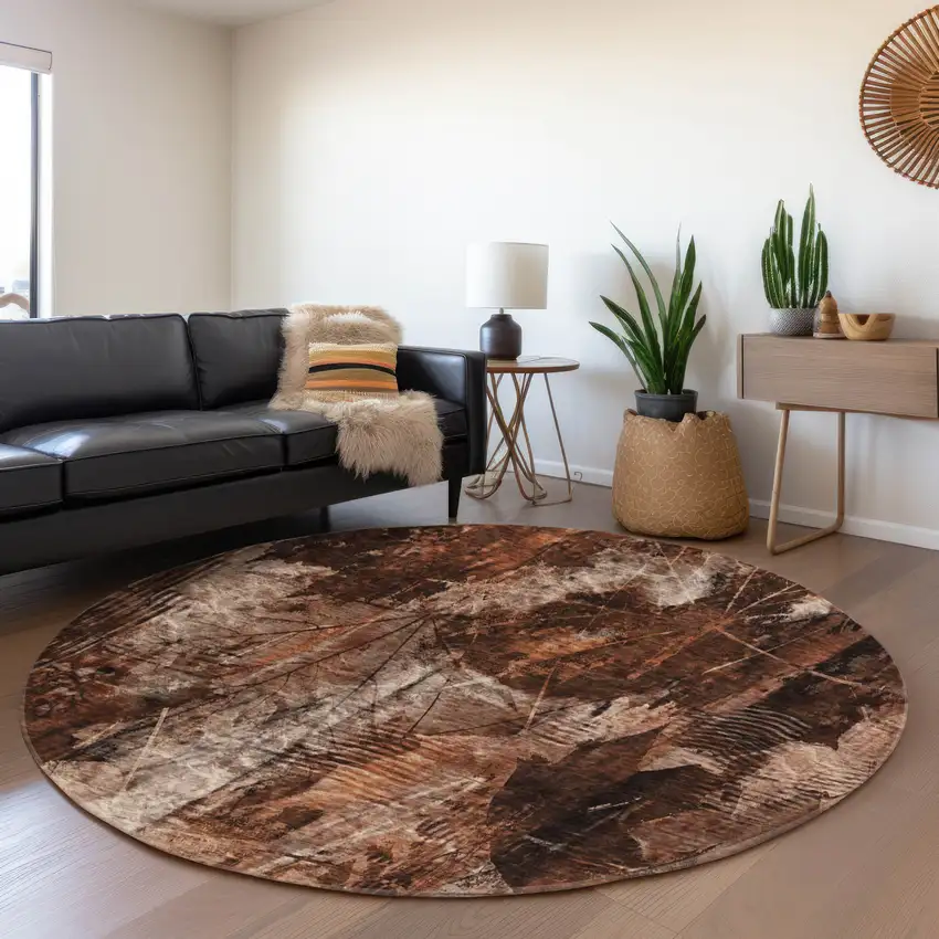 8' Rust And Ivory Floral Washable Round Rug With UV Protection Photo 4