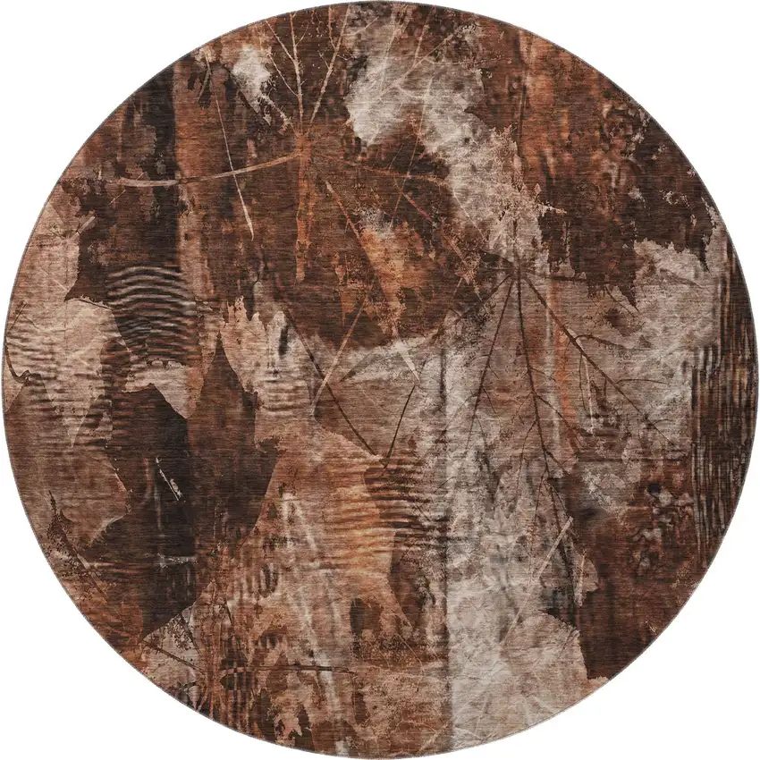 8' Rust And Ivory Floral Washable Round Rug With UV Protection Photo 3