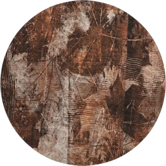 8' Rust And Ivory Floral Washable Round Rug With UV Protection Photo 1