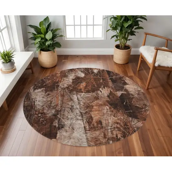 8' Rust And Ivory Floral Washable Round Rug With UV Protection Photo 2