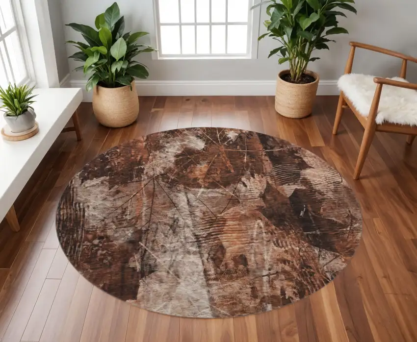 8' Rust And Ivory Floral Washable Round Rug With UV Protection Photo 2