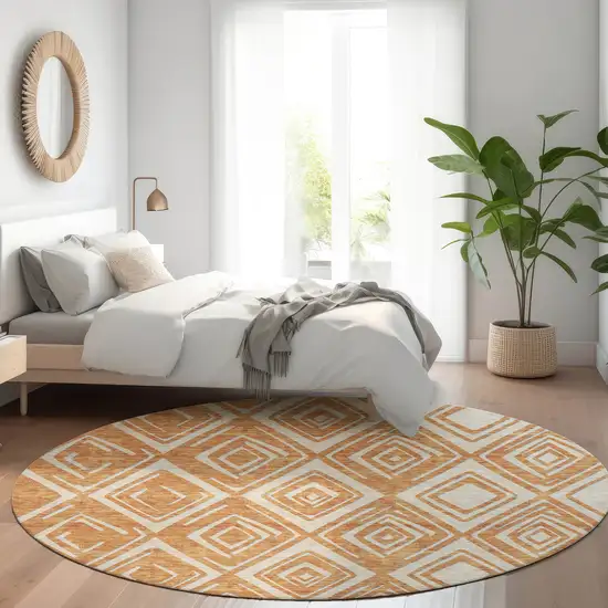 8' Rust And Ivory Geometric Washable Round Rug With UV Protection Photo 6