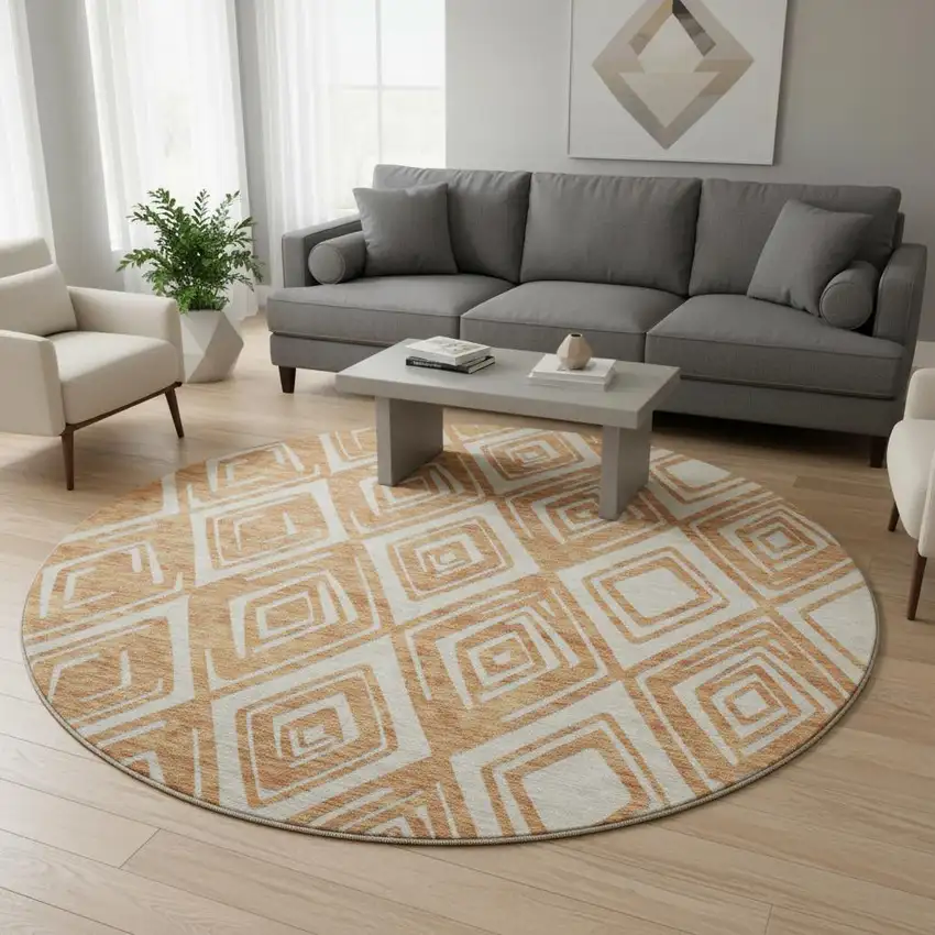 8' Rust And Ivory Geometric Washable Round Rug With UV Protection Photo 1
