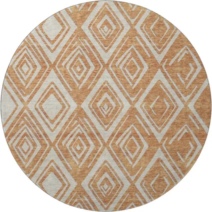 8' Rust And Ivory Geometric Washable Round Rug With UV Protection Photo 5
