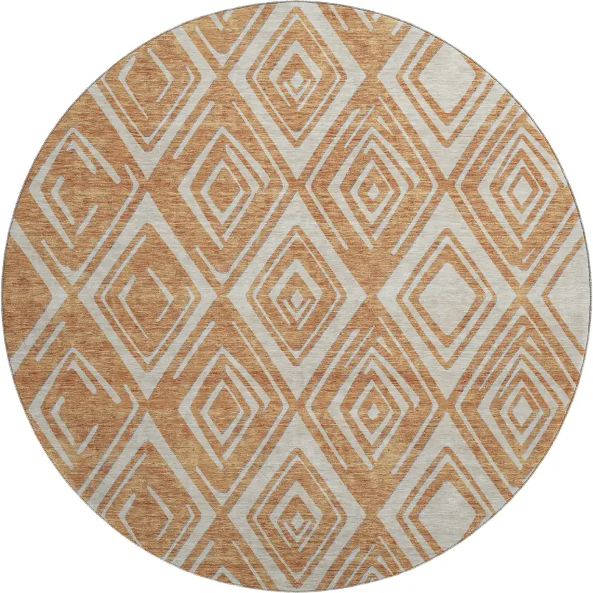 8' Rust And Ivory Geometric Washable Round Rug With UV Protection Photo 2