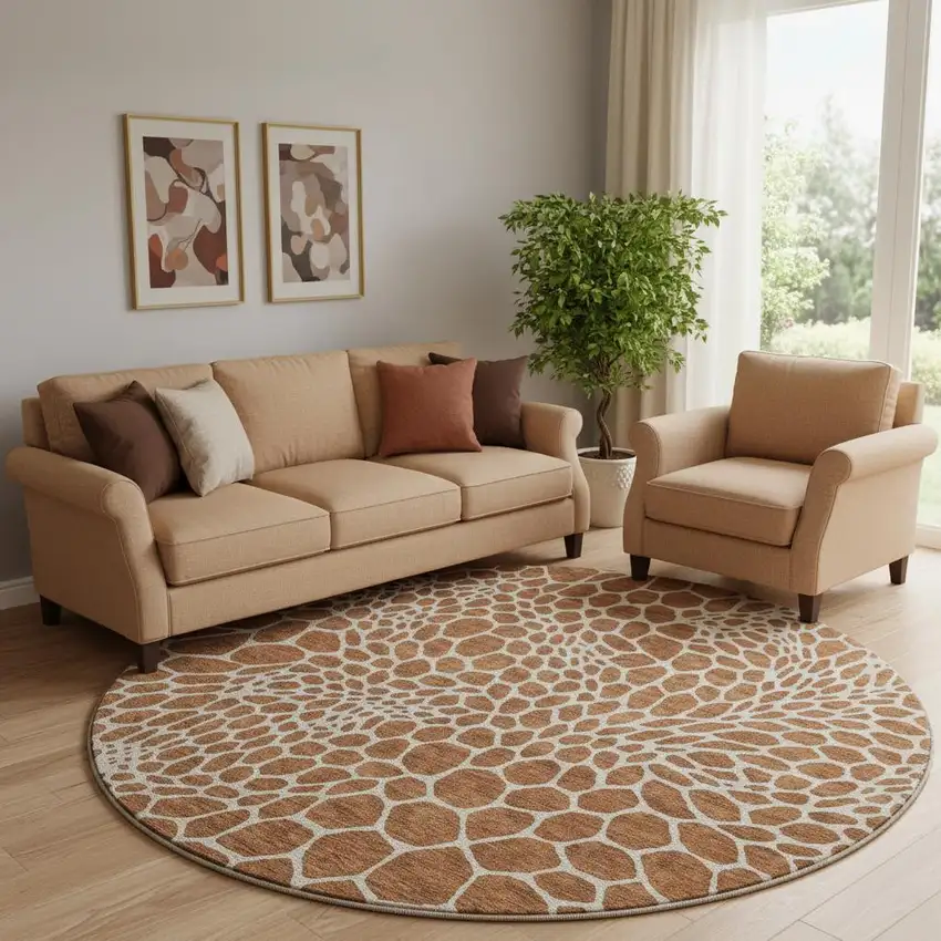 8' Rust And Ivory Geometric Washable Round Rug With UV Protection Photo 1