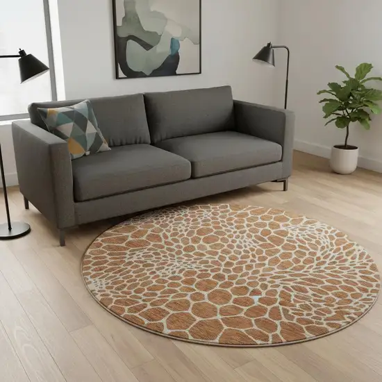 8' Rust And Ivory Geometric Washable Round Rug With UV Protection Photo 2