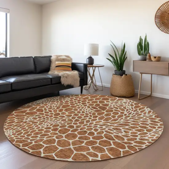 8' Rust And Ivory Geometric Washable Round Rug With UV Protection Photo 5