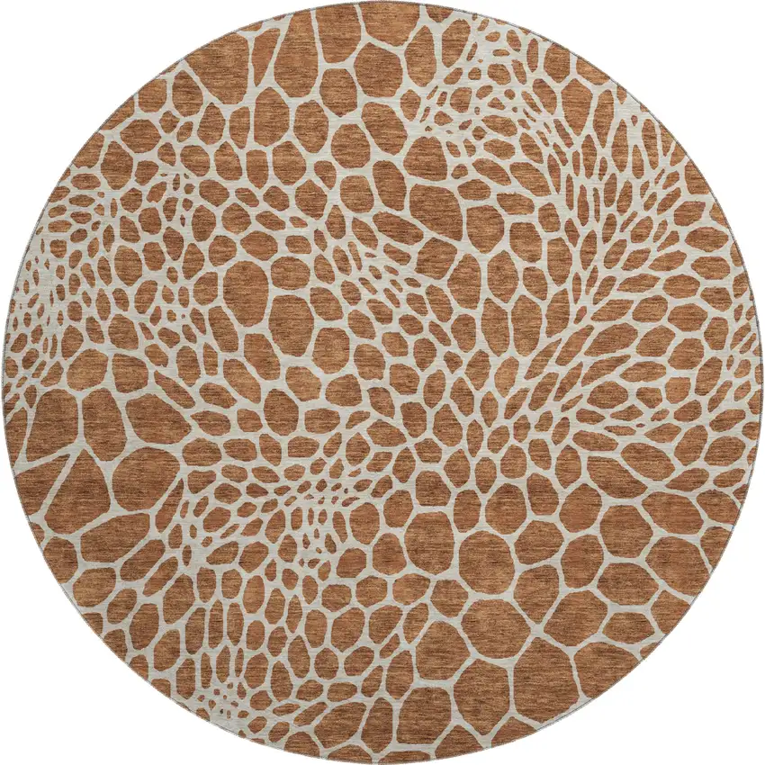 8' Rust And Ivory Geometric Washable Round Rug With UV Protection Photo 1