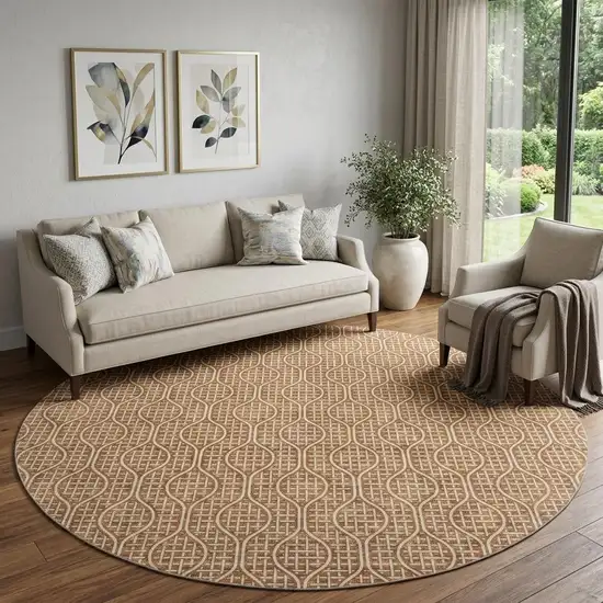 8' Rust And Ivory Geometric Washable Round Rug With UV Protection Photo 1