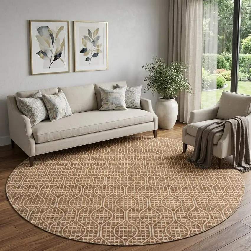 8' Rust And Ivory Geometric Washable Round Rug With UV Protection Photo 1