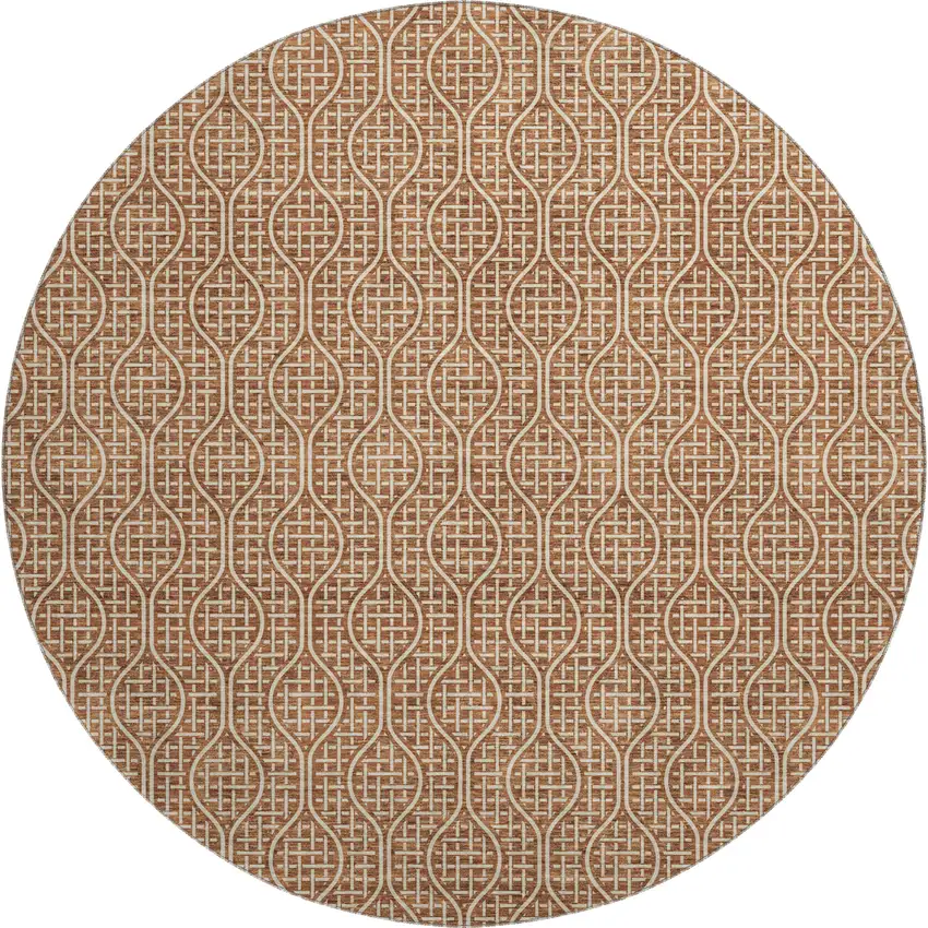 8' Rust And Ivory Geometric Washable Round Rug With UV Protection Photo 1
