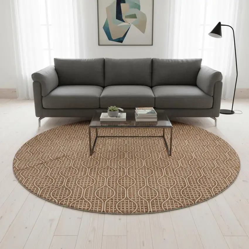 8' Rust And Ivory Geometric Washable Round Rug With UV Protection Photo 2