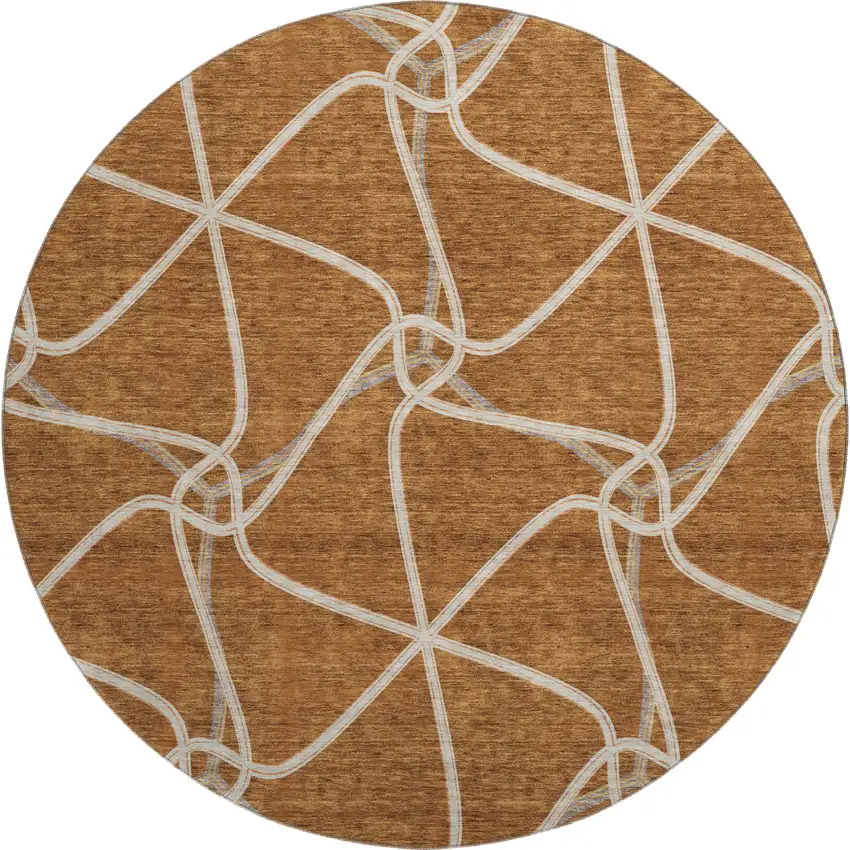 8' Rust And Ivory Geometric Washable Round Rug With UV Protection Photo 1