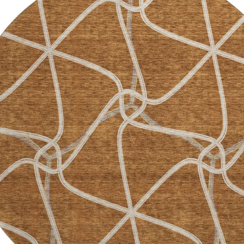 8' Rust And Ivory Geometric Washable Round Rug With UV Protection Photo 2