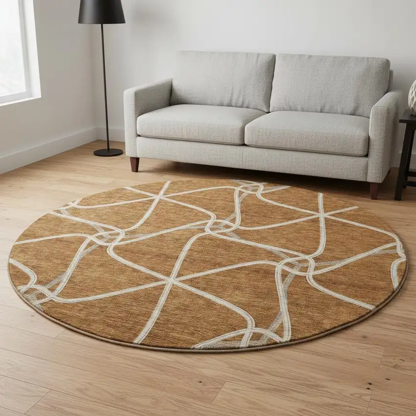 8' Rust And Ivory Geometric Washable Round Rug With UV Protection Photo 2