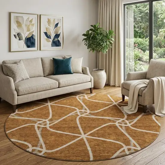 8' Rust And Ivory Geometric Washable Round Rug With UV Protection Photo 1
