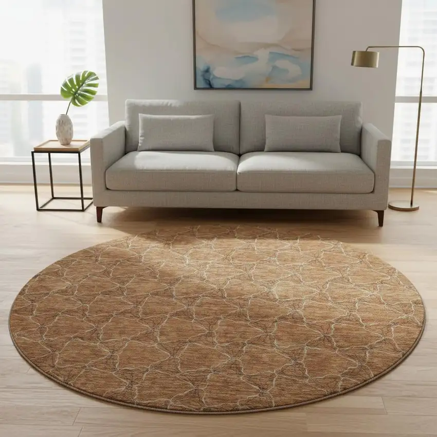 8' Rust And Ivory Geometric Washable Round Rug With UV Protection Photo 2