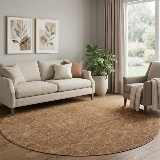 8' Rust And Ivory Geometric Washable Round Rug With UV Protection Photo 1