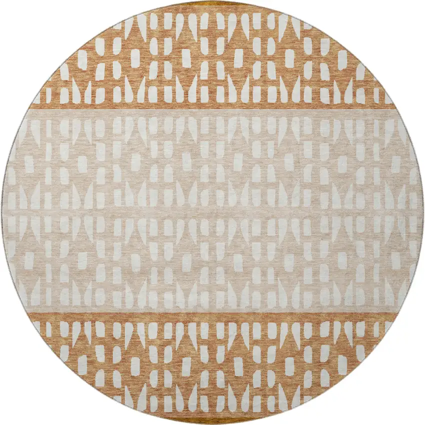 8' Rust And Ivory Geometric Washable Round Rug With UV Protection Photo 3