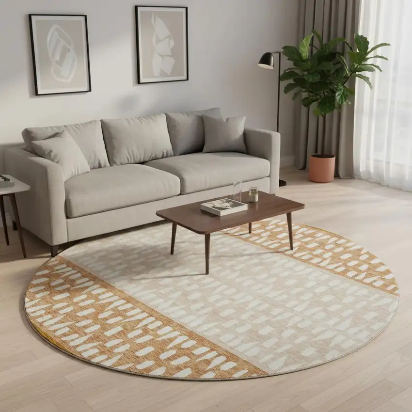 8' Rust And Ivory Geometric Washable Round Rug With UV Protection Photo 2
