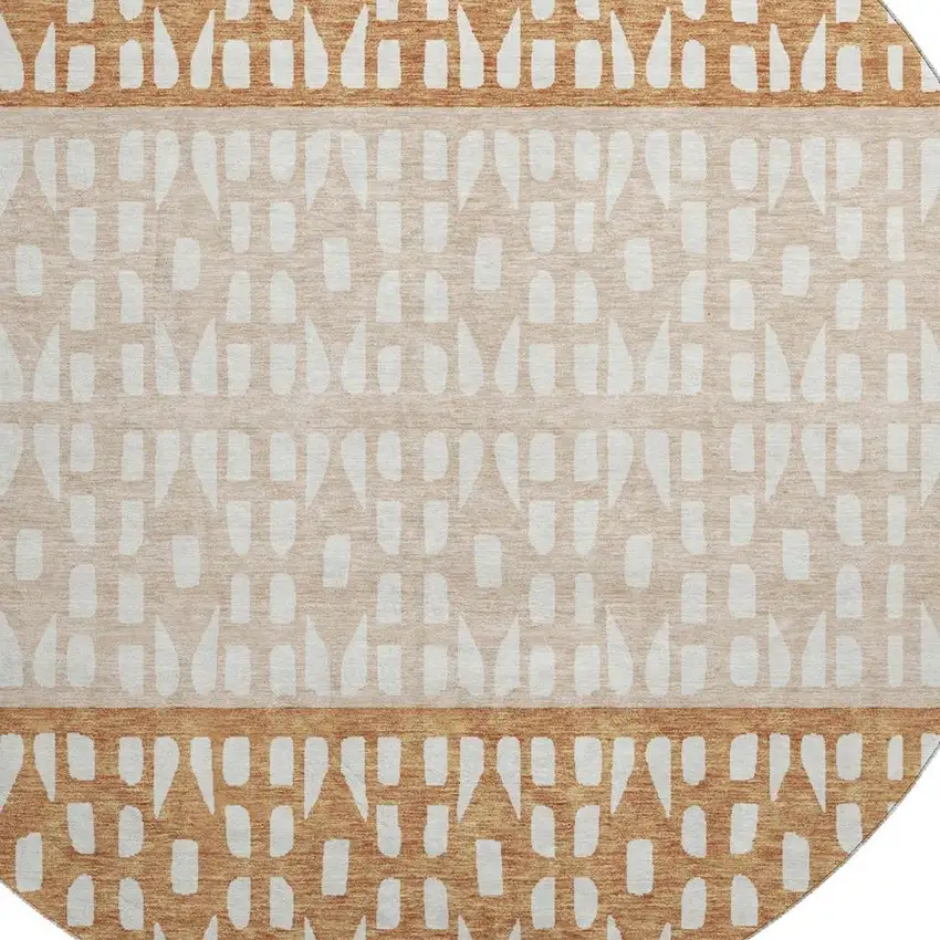 8' Rust And Ivory Geometric Washable Round Rug With UV Protection Photo 2