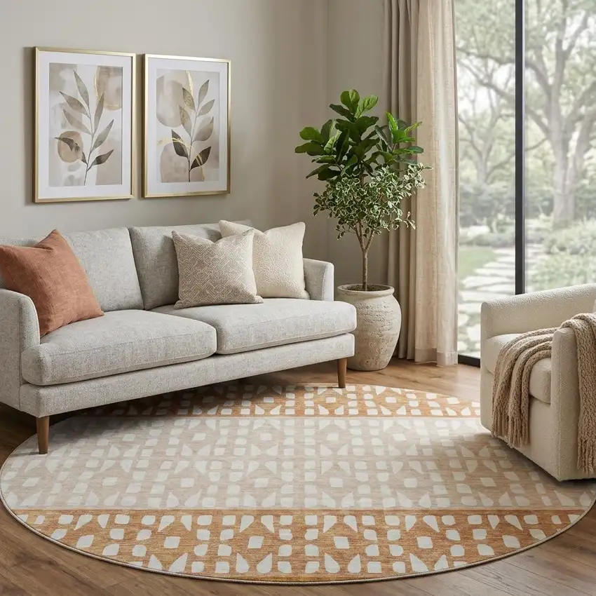 8' Rust And Ivory Geometric Washable Round Rug With UV Protection Photo 1