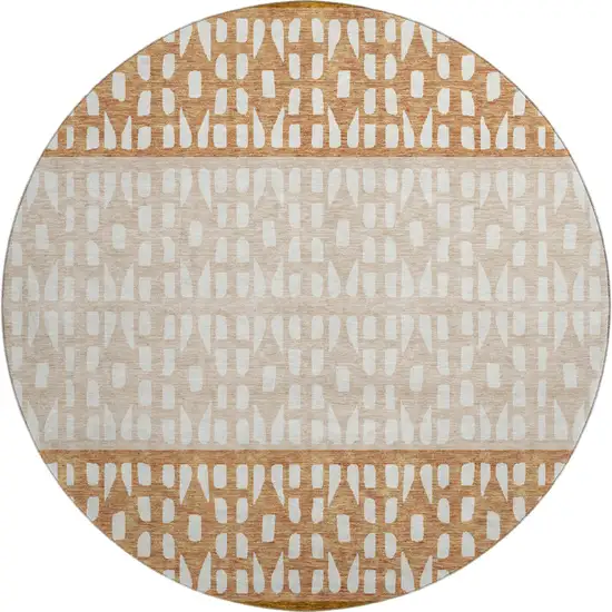 8' Rust And Ivory Geometric Washable Round Rug With UV Protection Photo 1