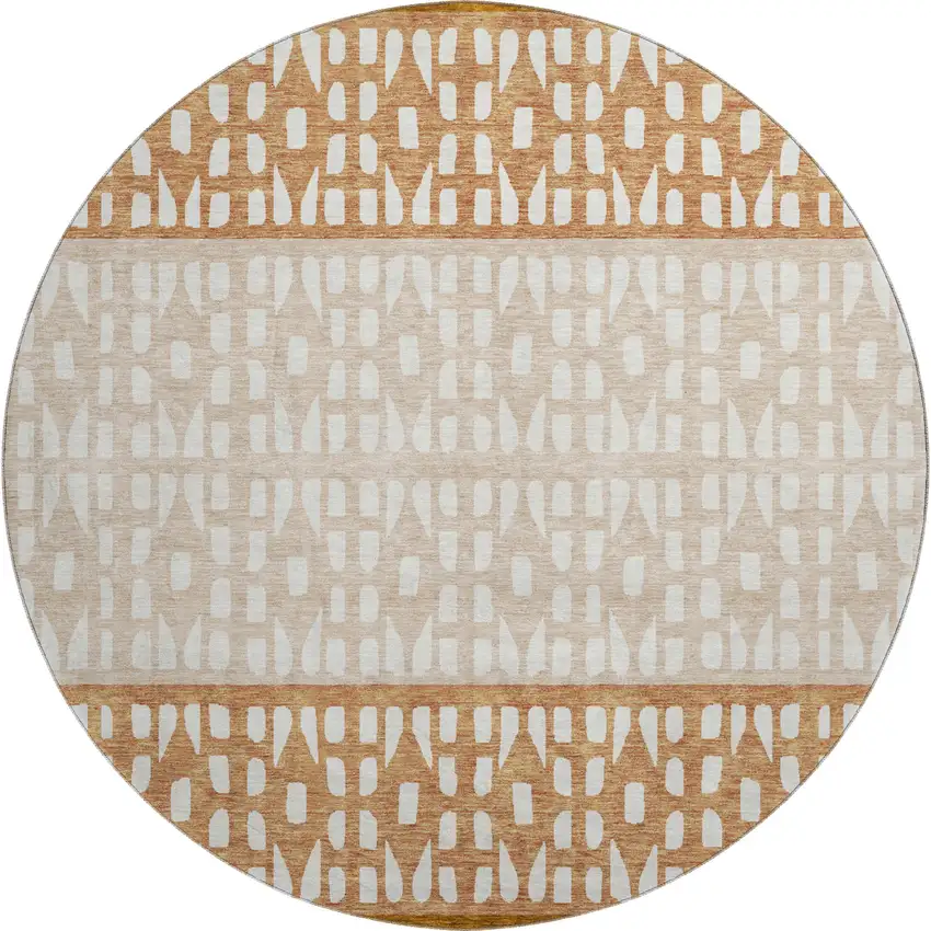 8' Rust And Ivory Geometric Washable Round Rug With UV Protection Photo 1